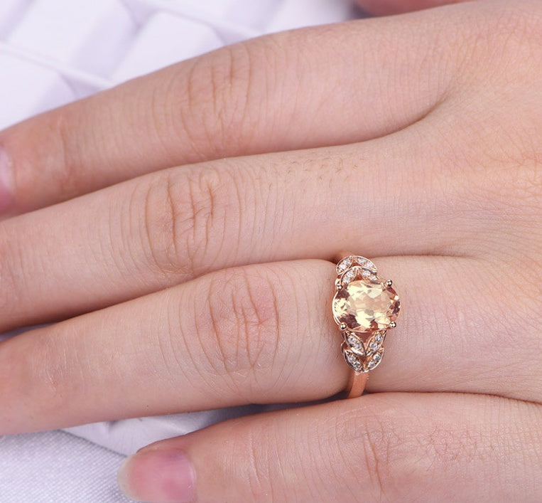 Womens Plant Leaf Ring Rose Gold Plated Oval Champagne Zircon Jewelry Fashion Durable Elegant Gift For Her Gift For Her