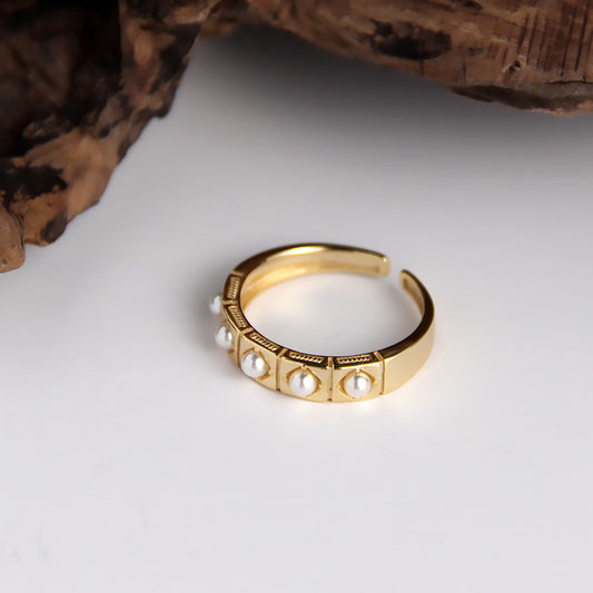 Womens Sterling Silver Ring with Checkered Pearl Adjustable Opening Size 13 Lightweight 2.56 Grams Champagne Gold Tone