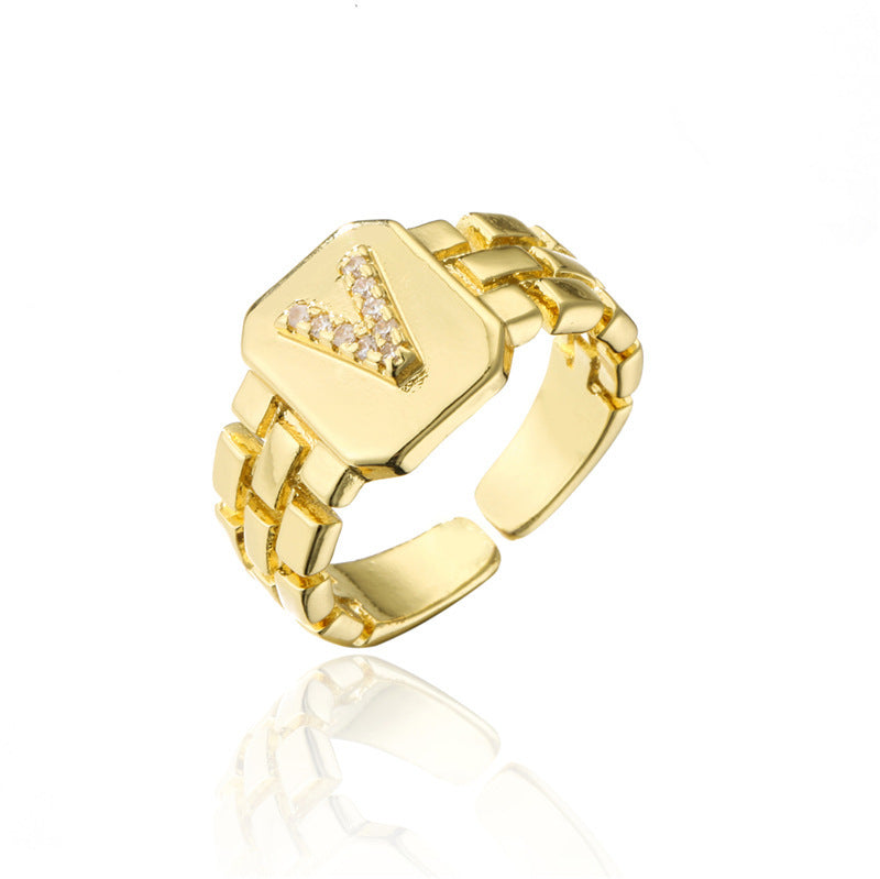 Womens Adjustable Letter Ring 18K Gold Plated Zircon Initial Alphabet Ring Jewelry For Her Elegant Everyday Accessory