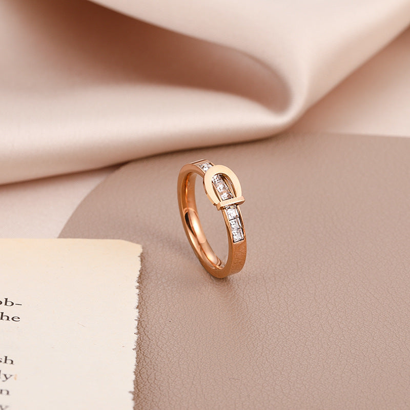 Geometric Rose Gold Titanium Steel Ring With Electroplated Gemstone For Women Durable Elegant Fashion Jewellery