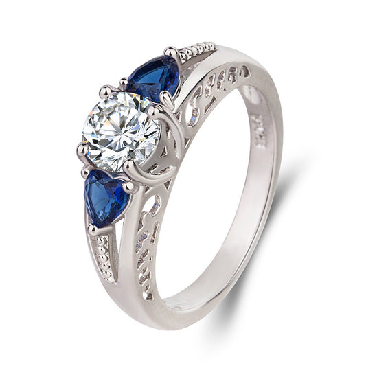Heart Shaped Blue Rhinestone Zircon Ring Copper White Gold Plated Elegant Dainty Jewelry Gift For Everyday Use