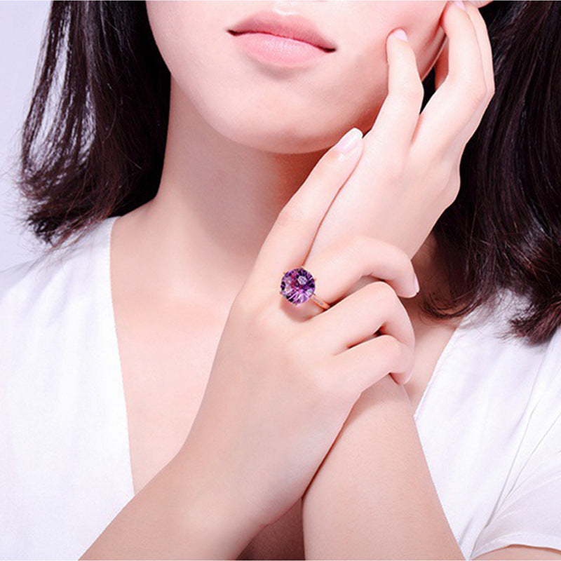 Six Claw Amethyst Ring with Geometric Silver Inlay For Women Adjustable Size Jewelry And Elegant Craft Details