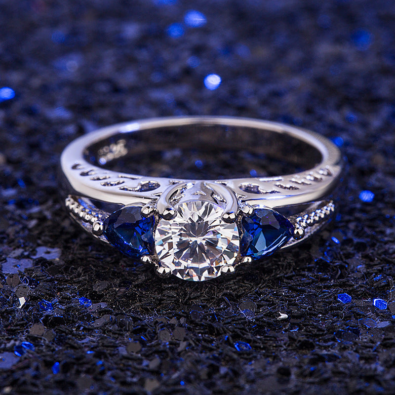 Heart Shaped Blue Rhinestone Zircon Ring Copper White Gold Plated Elegant Dainty Jewelry Gift For Everyday Use