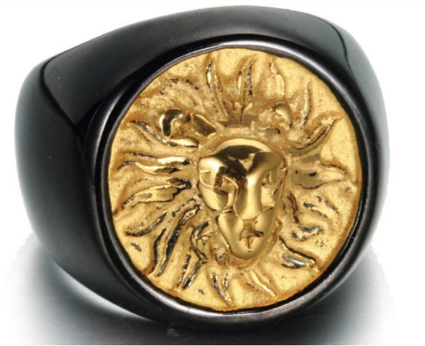 Mens Lion Head Ring Titanium Steel Geometric Handmade European American Travel Souvenir Gold Black Gift Bold Design