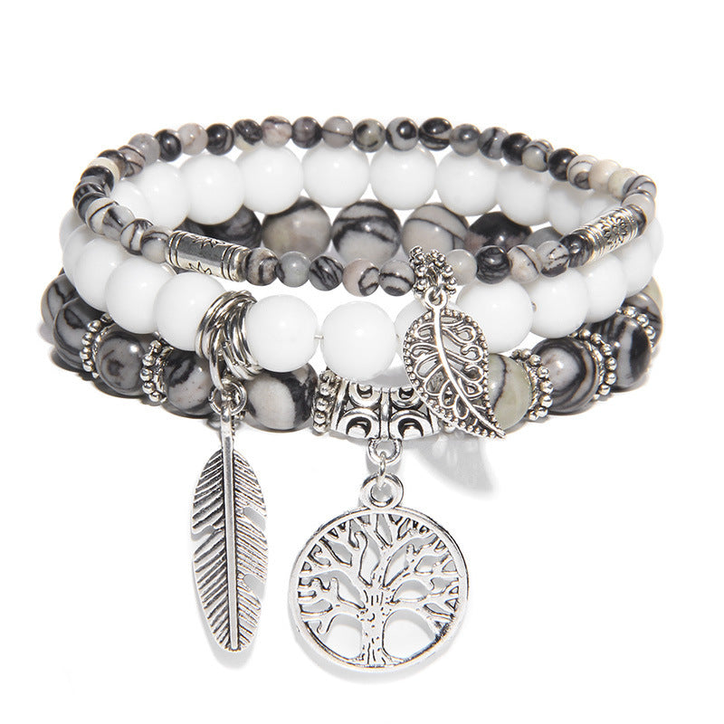 Unisex Agate Beads Bracelet Set With Tree Of Life Pendant