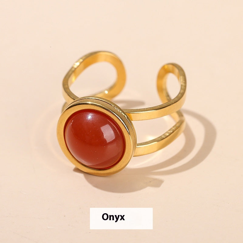 Gold Tone Stone Ring Open Adjustable Titanium Steel Jewelry