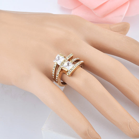 Womens Gold Plated Geometric Zircon Ring Copper Base With Diamond Accent Exquisite Craftsmanship Gift Sleek Gem