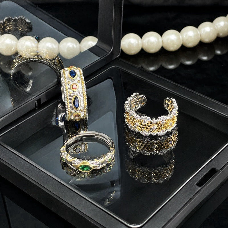 Women Retro Geometric Copper Ring With Zircon Inlaid Hollow Opening Design Fashion Jewelry Gift For Her Copper