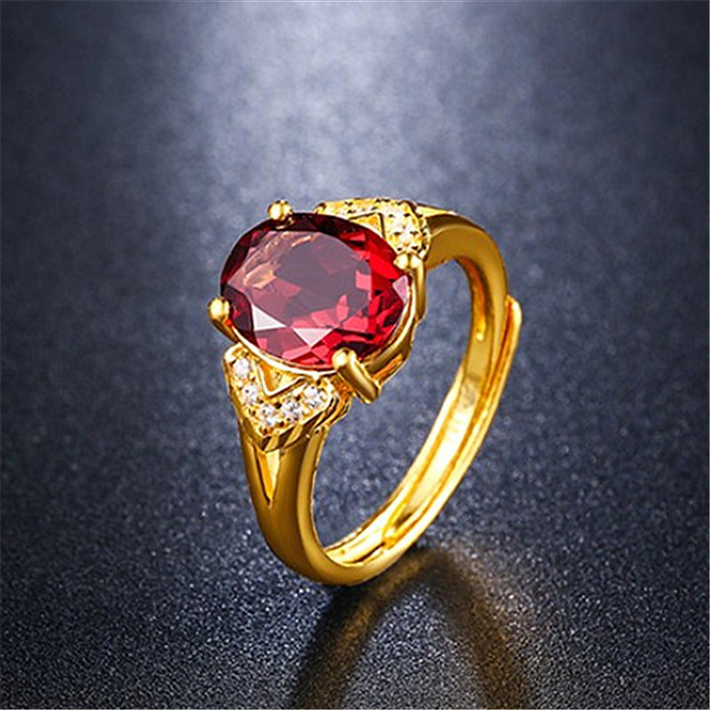 Gold Plated Garnet Ring Adjustable For Women Elegant Statement Fashion Jewelry Ring Durable Copper Design Size