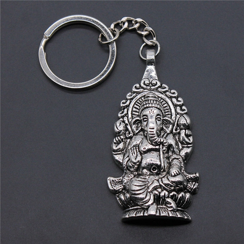 Elephant God Keychain Pendant Antique Silver Bronze Finish Electroplated Metal Ornament Souvenir Gift Keepsake