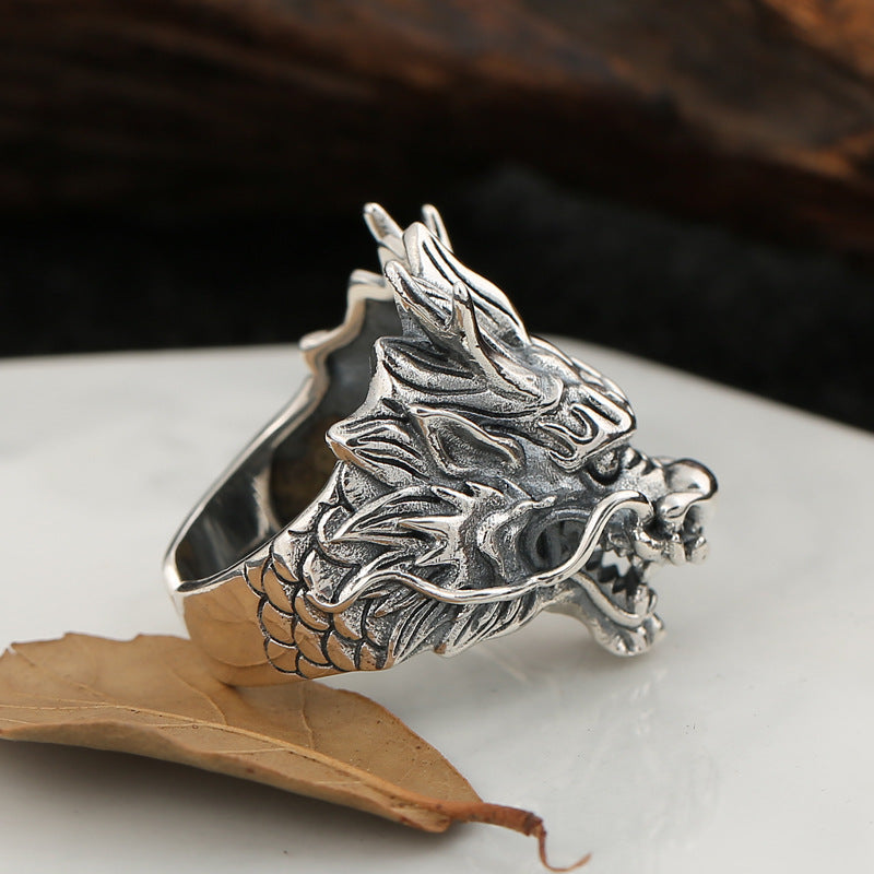 Sterling Silver Dragon Head Ring Zodiac Vintage Style