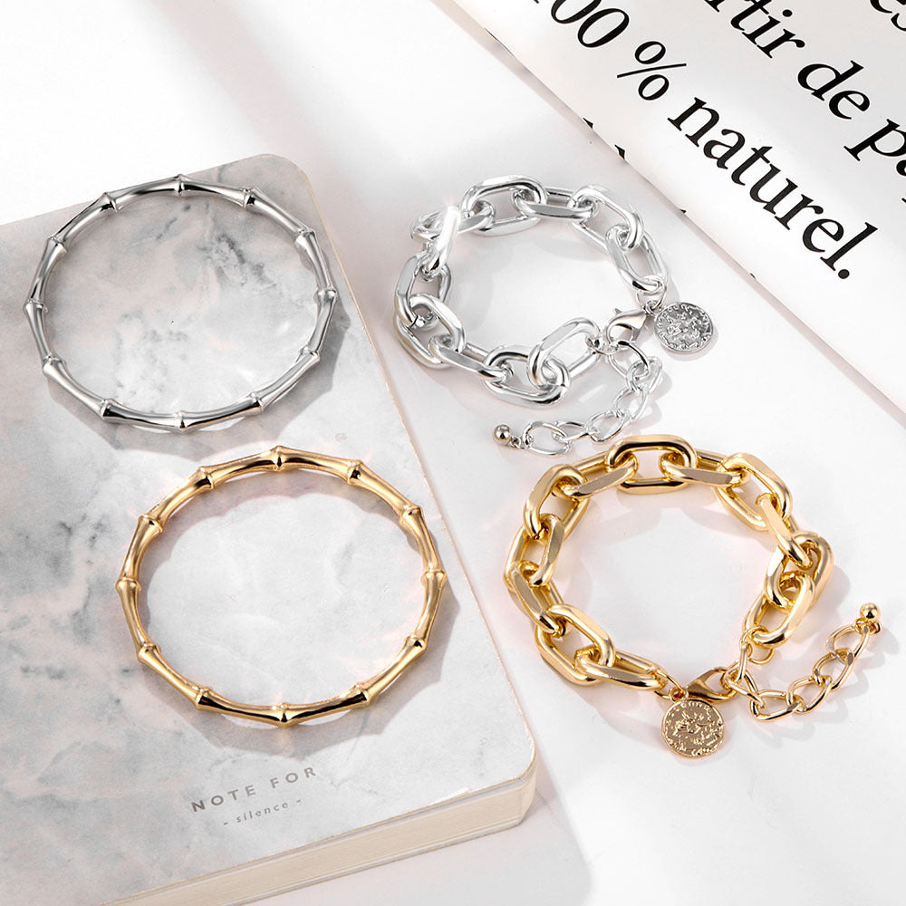 Womens Retro Coin Layered Bracelet Thick Chain With Bamboo Link Geometric Alloy Gold Shine Statement Accessory