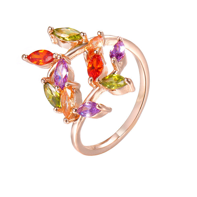 Leafy Zircon Ring Trees Branch Design Rose Gold Plated Copper Fashion Jewelry For Women Wears Trendy Accessory