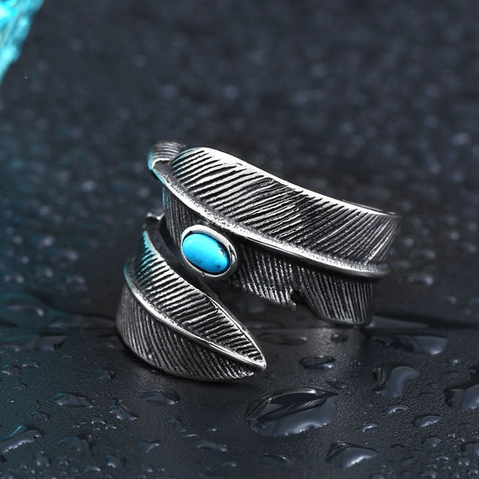 Unisex Titanium Steel Ring With Turquoise Inlaid Gemstone High Bridge Design Gold Plated Fashion Jewelry Everyday Wear