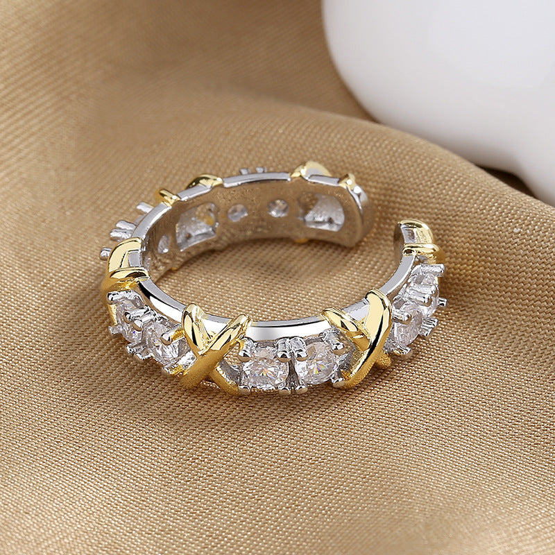 Adjustable Open Copper Ring Inlaid Zircon Letter X Cross Design Ring For Women Color Separation Zircon Accents