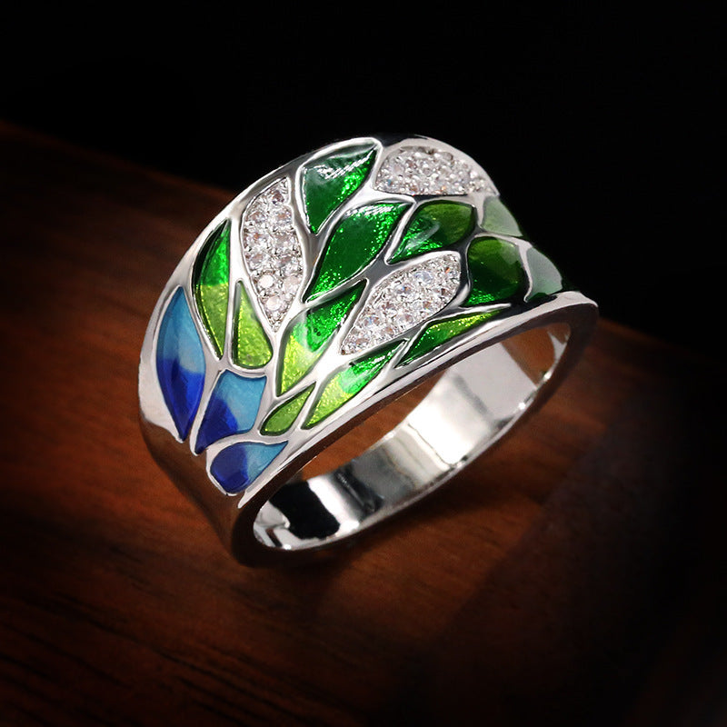 Women Enamel Flower Ring With Wave Design Plated Brass Gemstone Inlaid Jewelry For Everyday Wear Elegant Style
