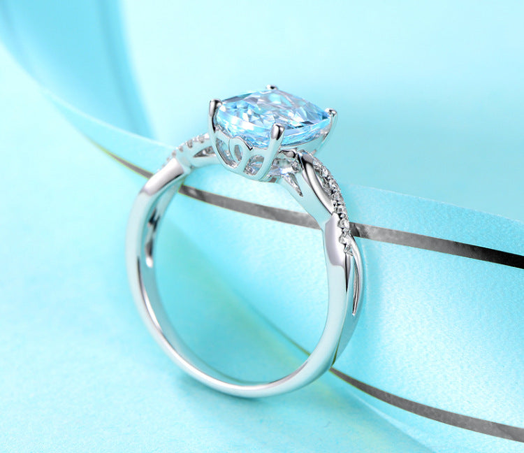 Womens Aquamarine Ring Geometric Design Diamond Cut White Gold Plated Sterling Silver Inlaid Jewelry Gift Design