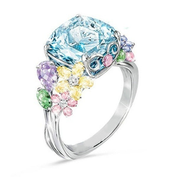 Gold Plated Alloy Ring Square Princess Gem Inlay For Women