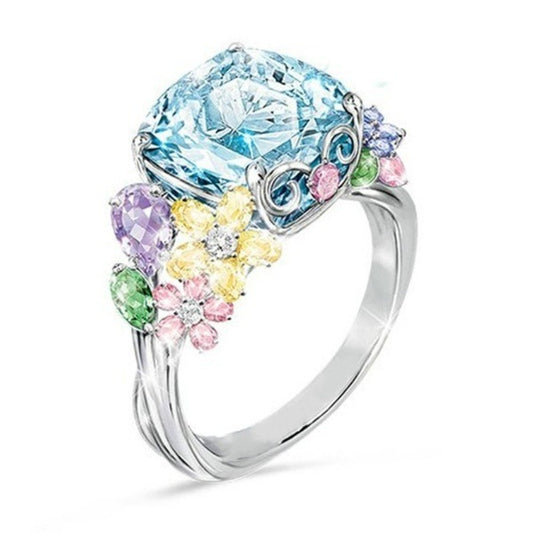 Gold Plated Alloy Ring Square Princess Gem Inlay For Women