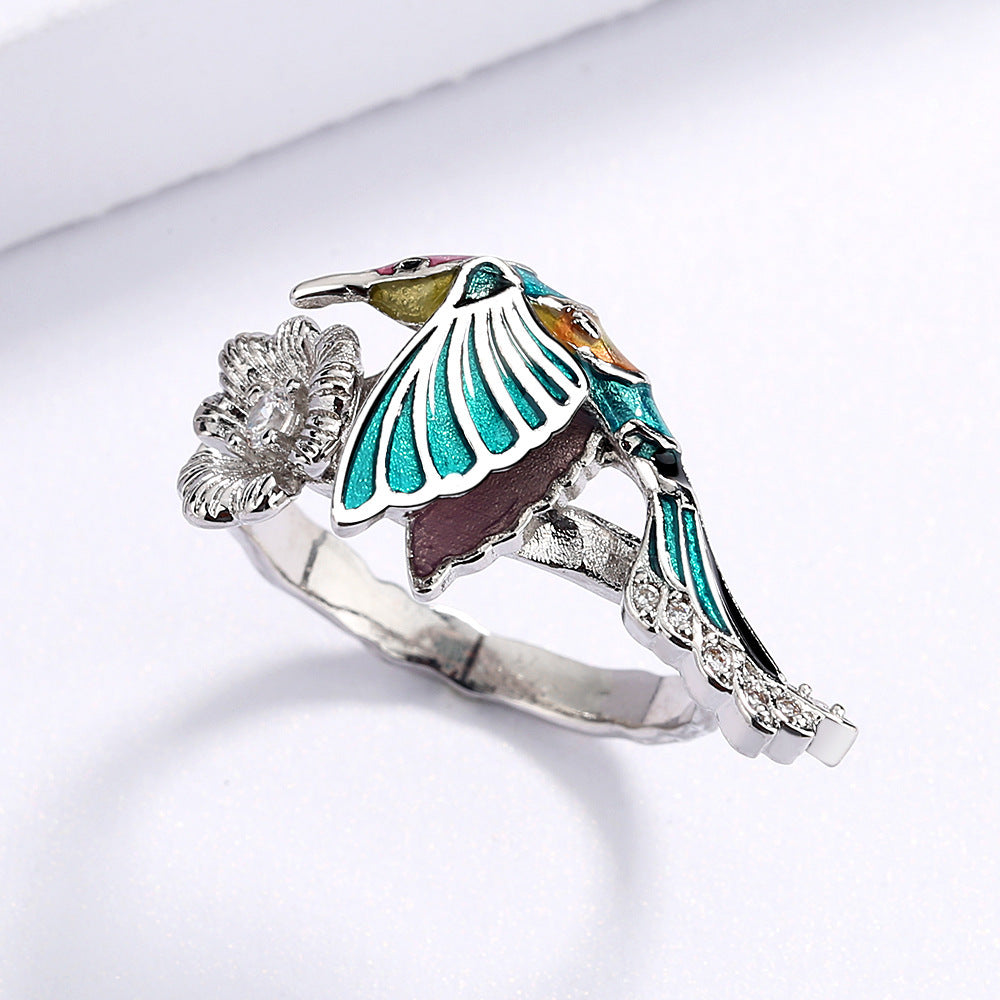 Womens Hummingbird Ring Epoxy Colorful Animal Bird Zircon Inlaid Alloy Drip Pastoral Style Jewelry Hummingbird