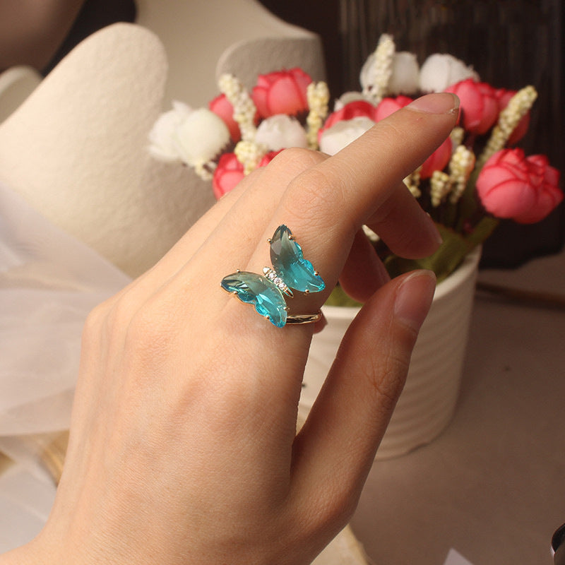 Womens Butterfly Ring Adjustable Crystal Inlay Alloy Insect Jewelry Korean Style Fashion Accessory Ladies Gift