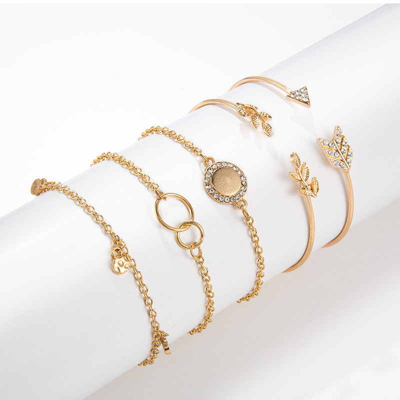 Boho Arrow Leaf Bracelet Set Five Piece Alloy Jewelry