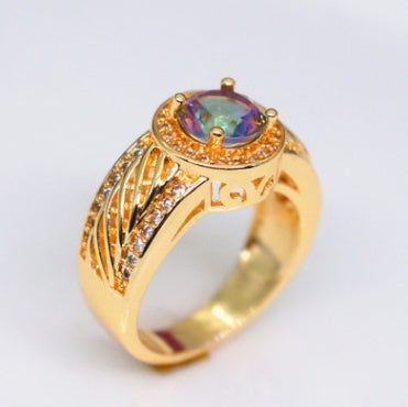 Inlaid Topaz Ring With Micro Inlays 18K Yellow Gold Plated Colorful Stone Copper Jewelry Everyday Jewelry Line