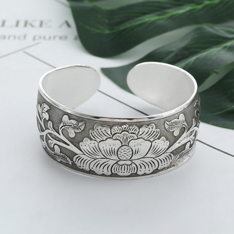 Peony Flower Bracelet Silver Plated Bangle 2.5cm Wide Floral Design For Women And Girls Inner Diameter 5.9cm