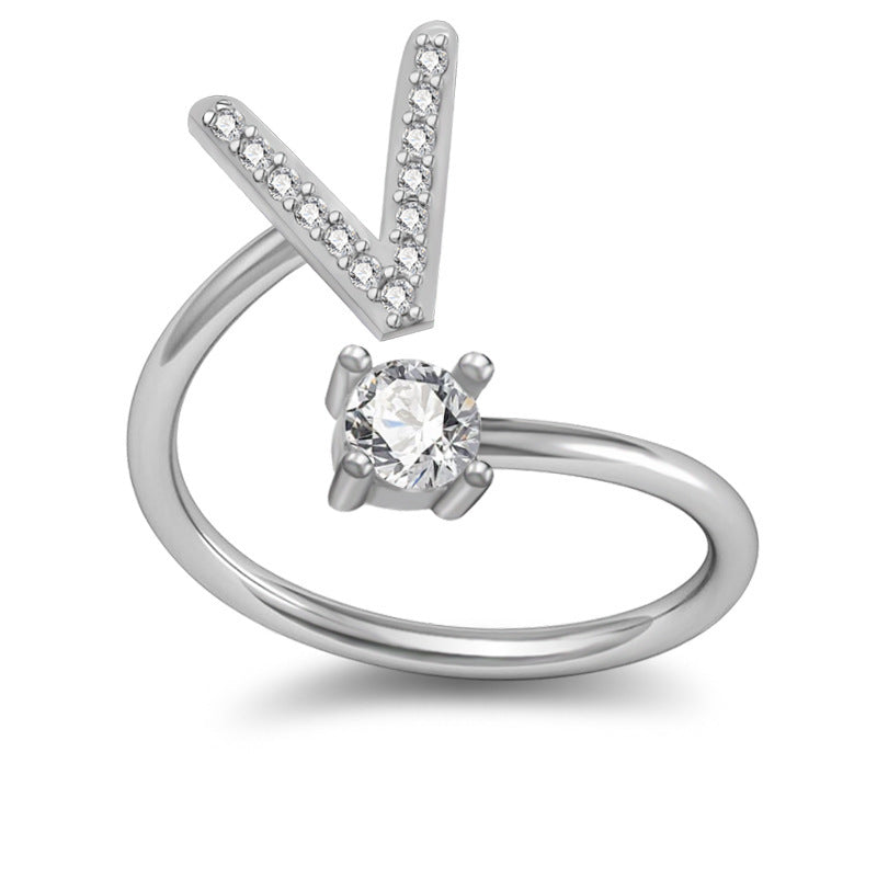 Womens Initial Rings Adjustable Copper Letter Ring With Sterling Silver Gem Inlay Fine European Jewelry A to Z