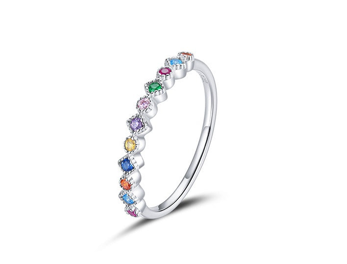Rainbow Sterling Silver Ring For Women And Girls Zircon Plated 925 Lightweight Thin Band Hypoallergenic Comfort