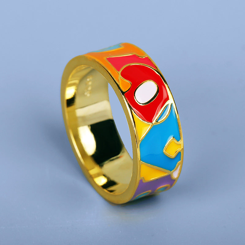 Gold Plated Brass Ring With Epoxy Colored Letters Geometric Design Durable Fashion Jewelry Accessory In Sizes 6 7 8 9 10 Everyday Wear