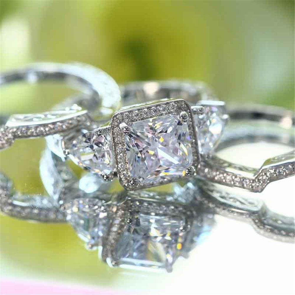 Womens Three Stone Alloy Engagement Ring With Vintage Inspired Anniversary Band Elegant Sparkling Jewelry Gift
