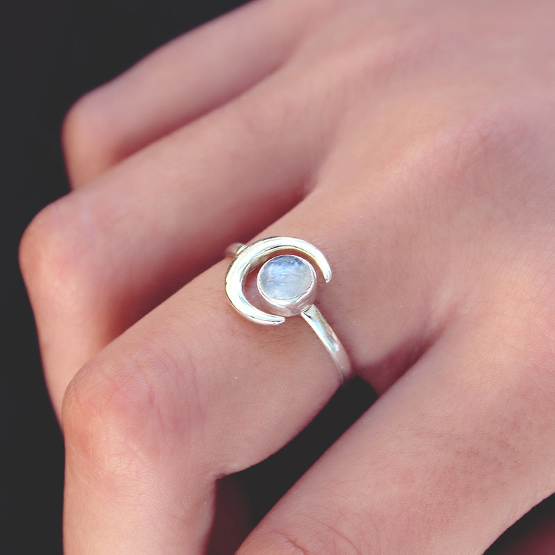 Moonstone Ring 925 Silver Plated Moon Design Jewelry Gift for Women Elegant Dainty Brass and White Steel Basis