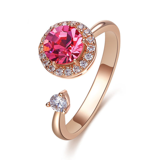 Ladies Rotating Crystal Inlay Ring With Copper Band Adjustable European American Style Jewelry Elegant Shimmer