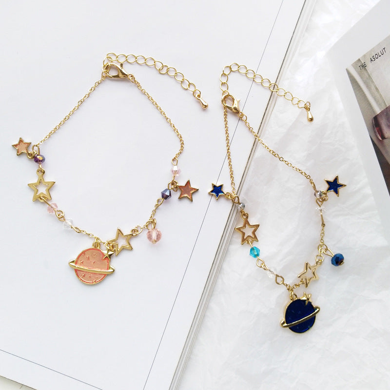 Womens Alloy Bracelet Korean Geometric Electroplated With Five Pointed Star Charm Sweet Dream Pink Or Blue Color