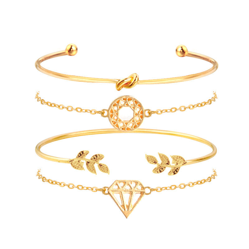 Womens Alloy Leaf Bracelet Set Diamond Knot Carved Hollow European Bangle Jewelry Four Piece Set Fashion Trend