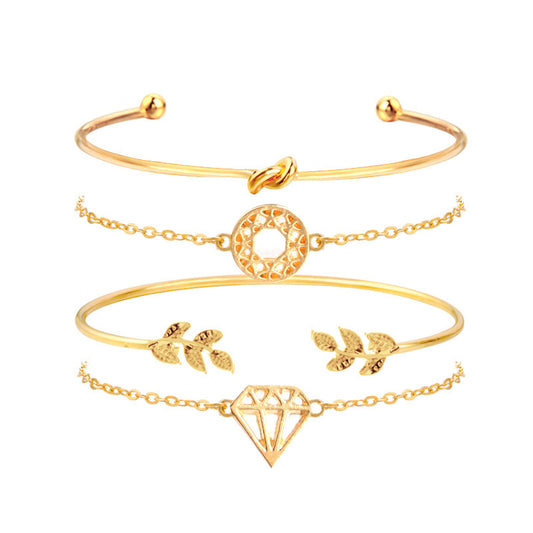 Womens Alloy Leaf Bracelet Set Diamond Knot Carved Hollow European Bangle Jewelry Four Piece Set Fashion Trend