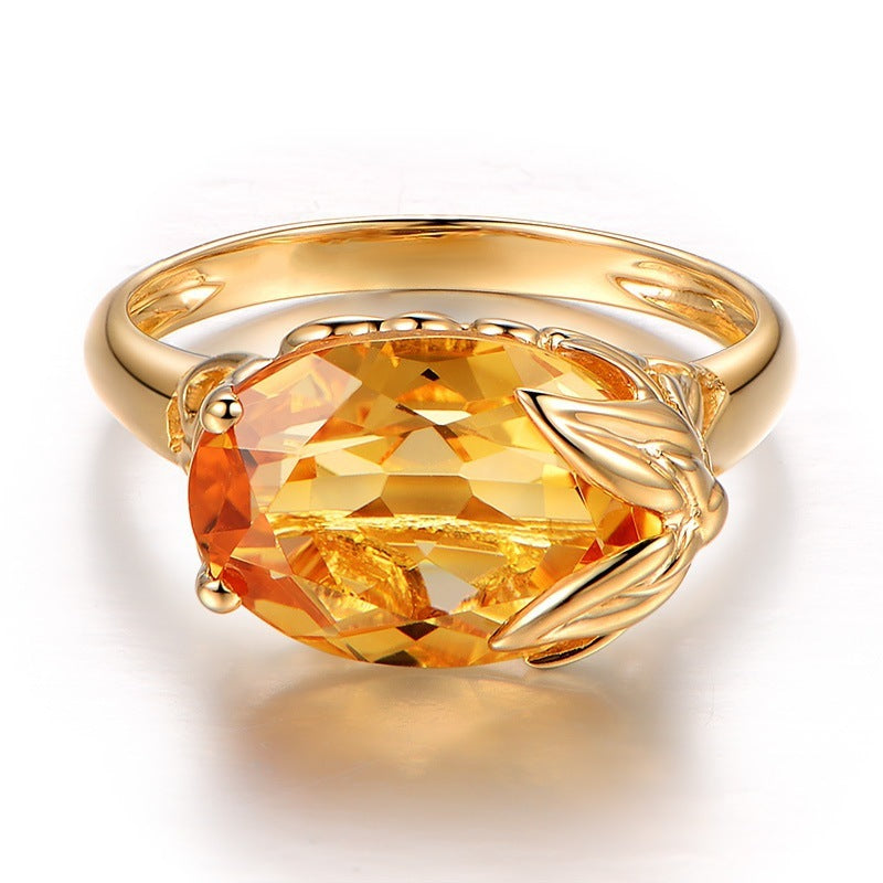 Citrine Gemstones Ring Copper Gold Plated Geometric Inlaid Bridal Jewelry for Wedding Anniversary Gift for Her