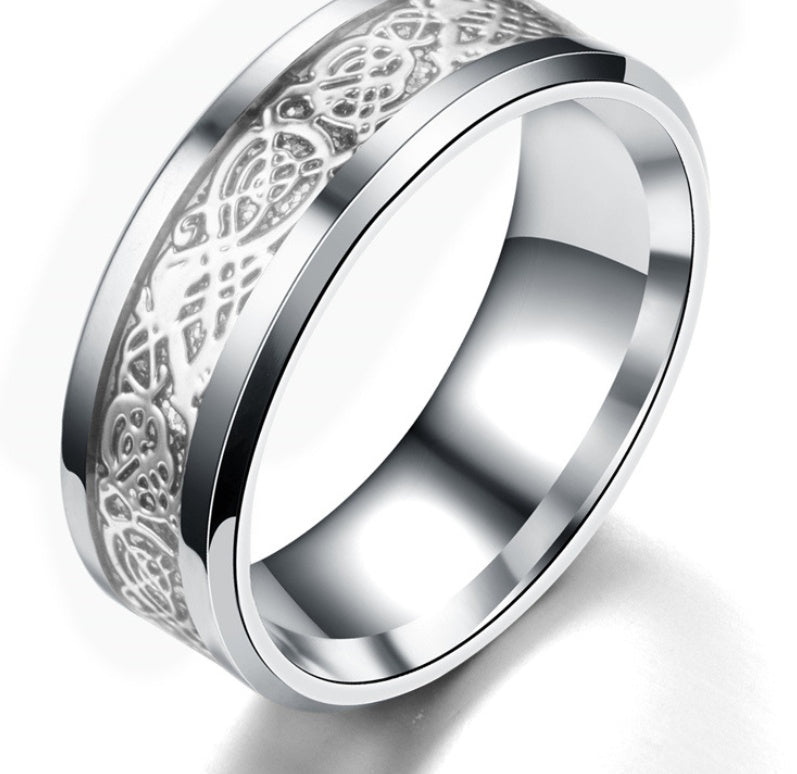 Mens Ring Stainless Steel Band With Geometric Dragon Design Silver Gold Finish Statement Ring Jewelry Everyday