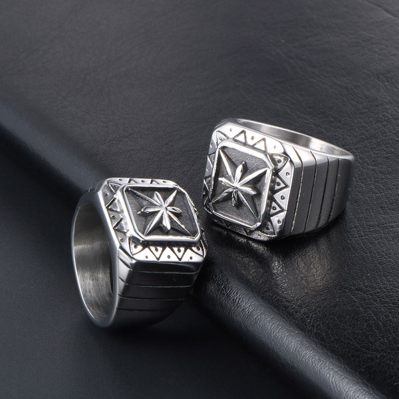 Titanium Steel Ring for Men and Women with Maple Leaf Design Polished Geometric Band Travel Souvenir Ring Gift Steel and Gold Color Options