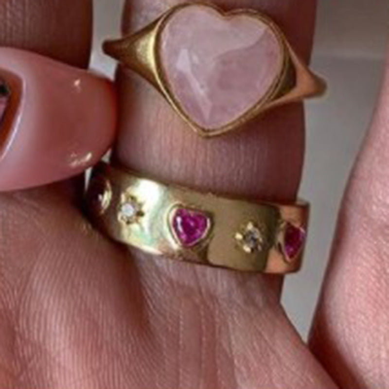 Red Peach Heart Zircon Ring Titanium Steel Electroplating Jewelry For Women Gold Tone Size 6 7 8 Geometric Ring