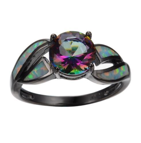 Fire Opal Rainbow Ring Charm Inlaid Gemstones Copper Gold