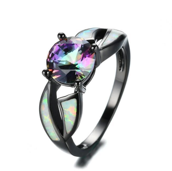 Fire Opal Rainbow Ring Charm Inlaid Gemstones Copper Gold