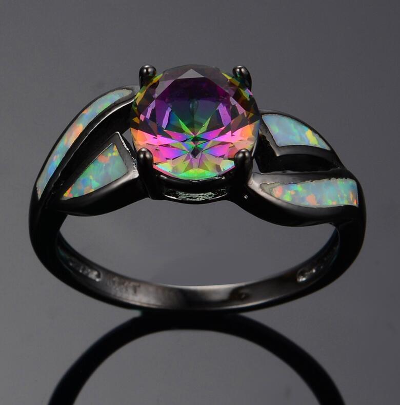 Fire Opal Rainbow Ring Charm Inlaid Gemstones Copper Gold