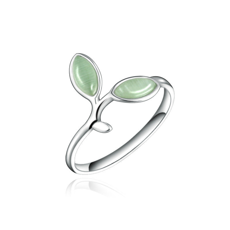 Sterling Silver Ring For Women Adjustable Open Ring S925 Gemstone Inlaid Leaf Design Bud Green Leaf Fine Craft