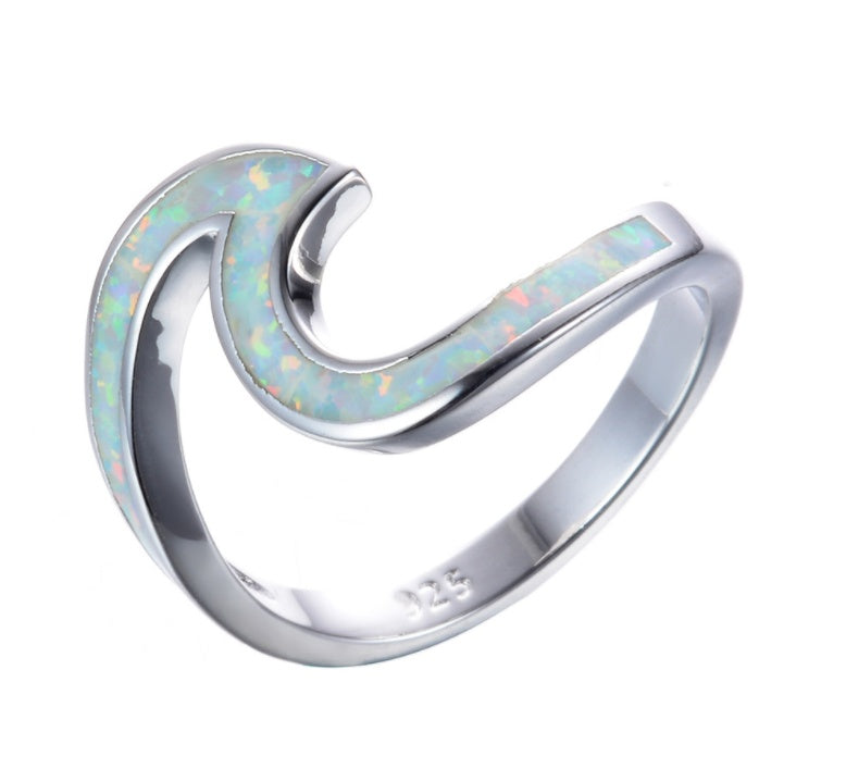Ocean Wave Fire Opal Ring For Women 925 Sterling Silver Birthstone Beach Ring With Elegant Silvery Finish Glow