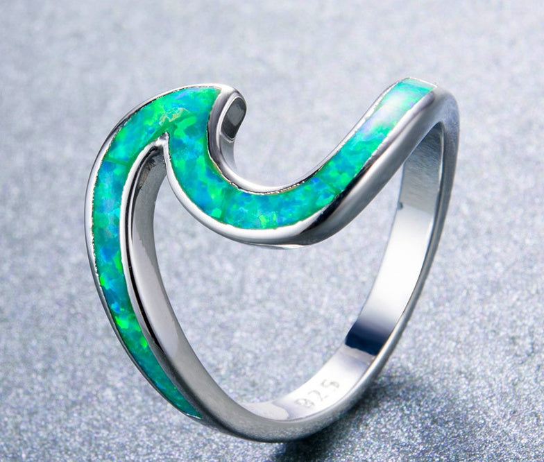 Ocean Wave Fire Opal Ring For Women 925 Sterling Silver Birthstone Beach Ring With Elegant Silvery Finish Glow