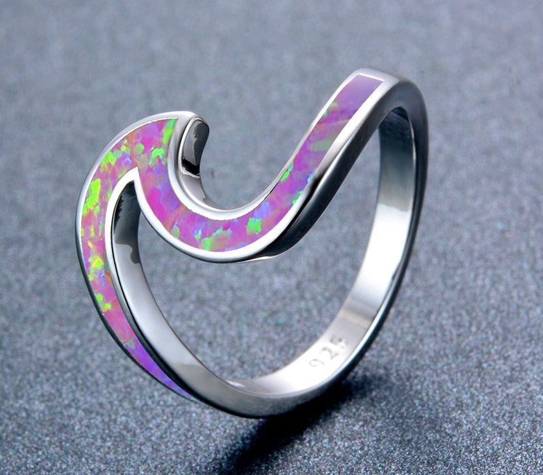 Ocean Wave Fire Opal Ring For Women 925 Sterling Silver Birthstone Beach Ring With Elegant Silvery Finish Glow