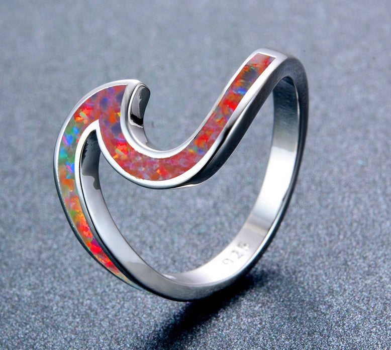 Ocean Wave Fire Opal Ring For Women 925 Sterling Silver Birthstone Beach Ring With Elegant Silvery Finish Glow