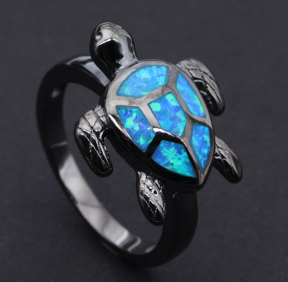 Vintage black gun metal blue turtle form opal ring jewelry for women party cocktail ring mode specific friend gift